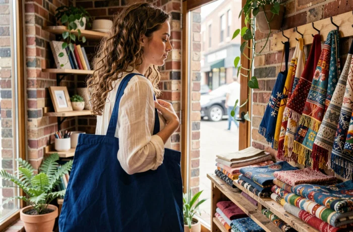Jeune femme tenant un tote bag coton teint naturellement indigo dans une boutique de mode éthique colorée