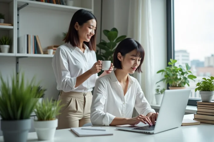 Femme travaillant à son bureau à domicile soutenue par son partenaire, illustrant l'équilibre entre vie de couple et ambitions professionnelles