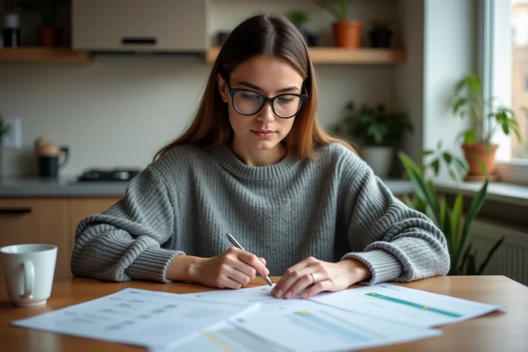 Femme consultant des fiches de paie et documents administratifs à la maison pour vérifier son éligibilité à la prime d'activité