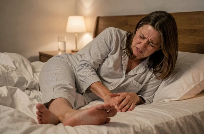Femme d'âge moyen se massant le mollet la nuit à cause de douleurs nocturnes dans les jambes