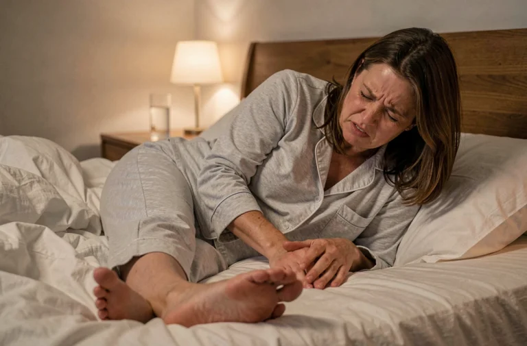 Femme d'âge moyen se massant le mollet la nuit à cause de douleurs nocturnes dans les jambes
