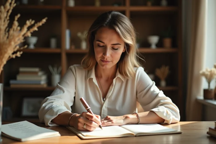 Femme écrivant une lettre touchante à la mariée à la main sur du papier ivoire épais avec une plume vintage