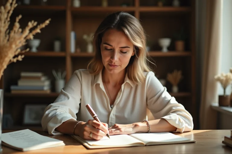 Femme écrivant une lettre touchante à la mariée à la main sur du papier ivoire épais avec une plume vintage