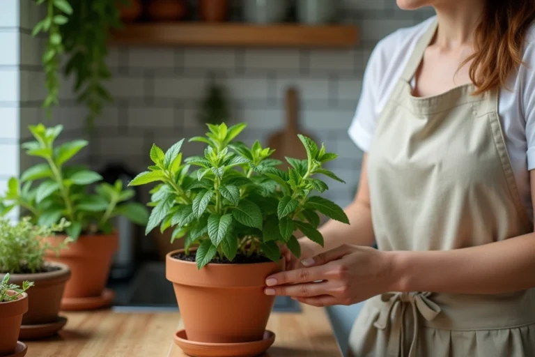 Femme examinant des feuilles de menthe qui noircissent dans un pot en terre cuite sur un plan de travail en bois rustique