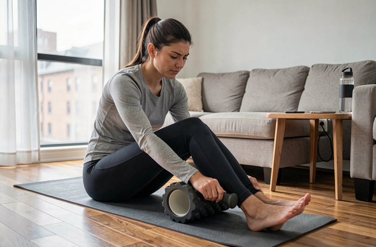 Jeune femme utilisant un rouleau de massage sur ses jambes à domicile pour soulager les douleurs musculaires nocturnes