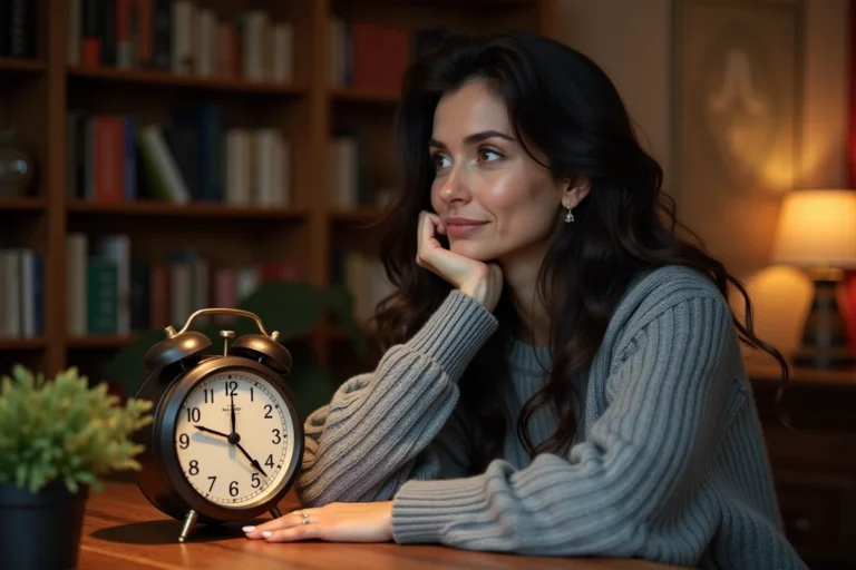 Femme contemplant une horloge analogique affichant 19h16 dans un bureau cosy rempli de livres de numérologie
