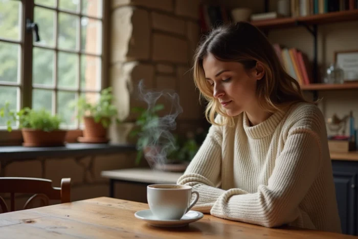 Femme dans son intérieur privé français, illustrant l'intimité et la préservation de la vie personnelle loin des projecteurs médiatiques