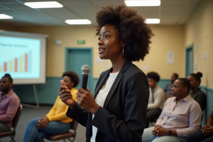 Femme militante prenant la parole lors d'une réunion communautaire sur les inégalités sociales