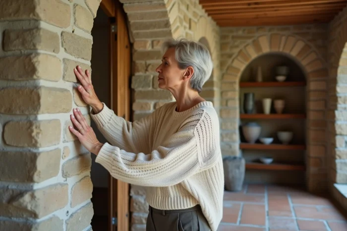 Femme touchant le mur en pierre épaisse d'une maison ancienne pour évaluer l'isolation thermique
