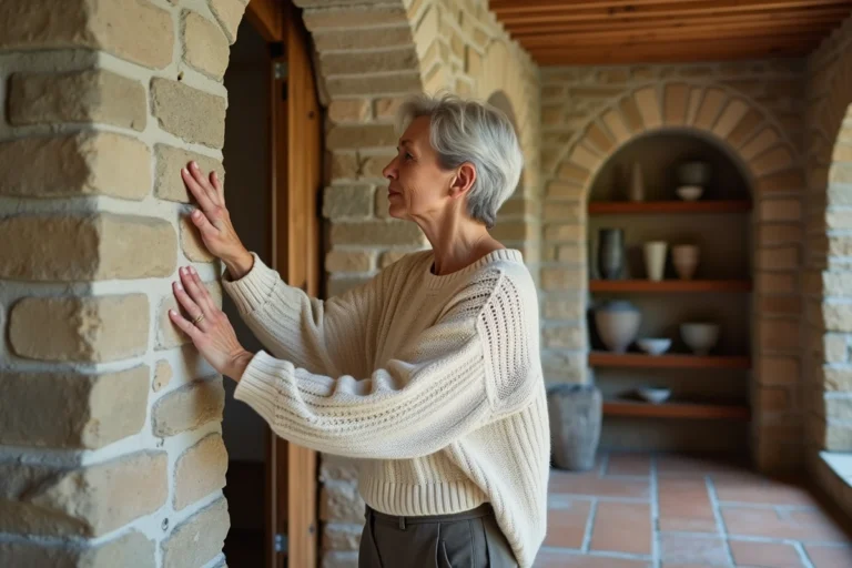 Femme touchant le mur en pierre épaisse d'une maison ancienne pour évaluer l'isolation thermique