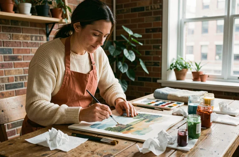 Femme peignant à l'aquarelle dans un atelier maison chaleureux, activité créative pour le temps libre en 2024
