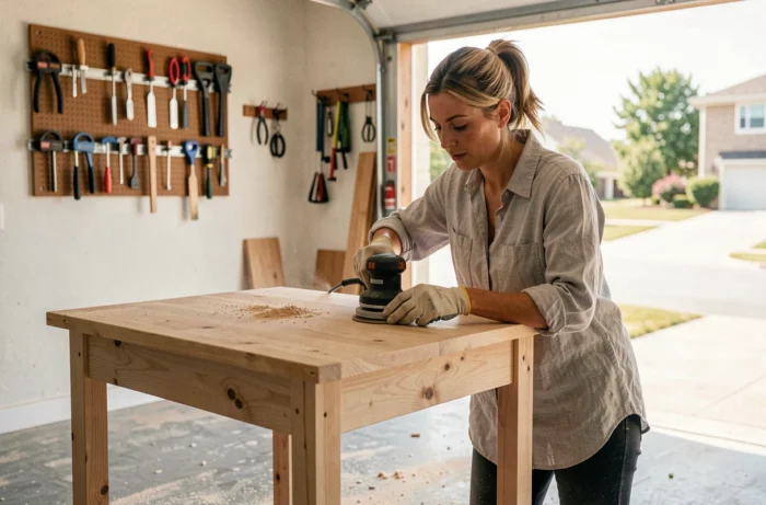 Femme ponçant une table en bois faite maison avec une ponceuse orbitale dans un garage atelier