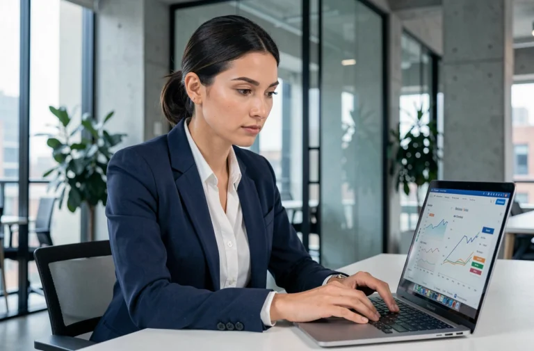 Femme professionnelle en blazer marine analysant des données sur un ordinateur portable dans un bureau moderne pour booster sa carrière en ligne