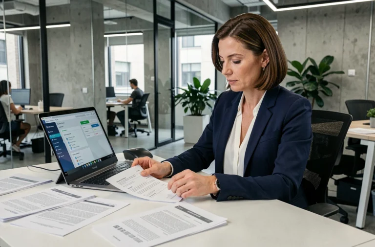 Femme professionnelle numérisant des documents administratifs dans un bureau moderne avec un ordinateur portable et un scanner sans fil