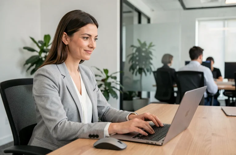 Femme professionnelle utilisant des outils bureautiques sur un ordinateur portable dans un bureau moderne et lumineux