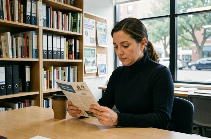 Femme consultant des ressources locales dans un centre d'accompagnement pour femmes