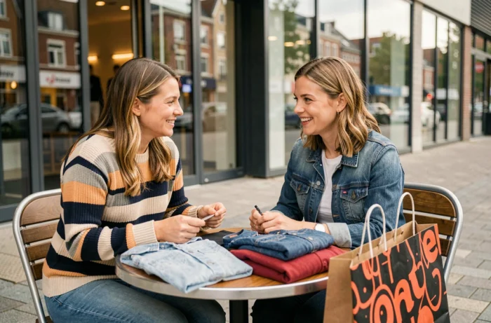 Deux femmes examinant leurs achats de mode à la terrasse d'un café près d'un centre commercial belge