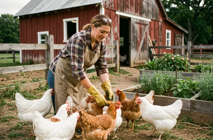 Fermière nourrissant des poules dans une ferme traditionnelle avec grange en bois et jardin potager