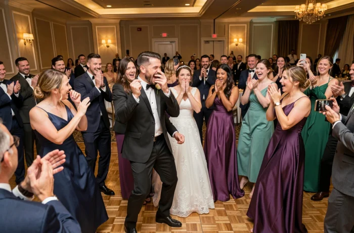 Flashmob surprise organisée par les témoins lors d'un mariage, avec une danse synchronisée devant les mariés émerveillés