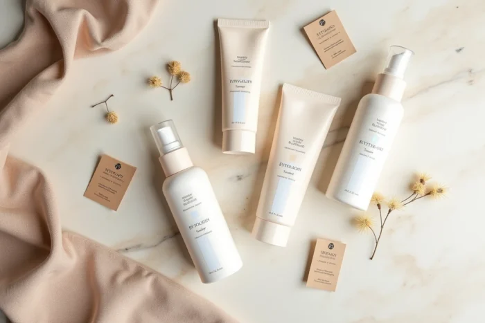 Produits Typology en flat lay sur surface en pierre, packaging minimaliste et ingrédients naturels
