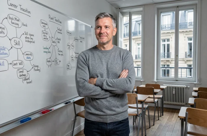 Homme en reconversion professionnelle devant un tableau de formation dans un centre parisien