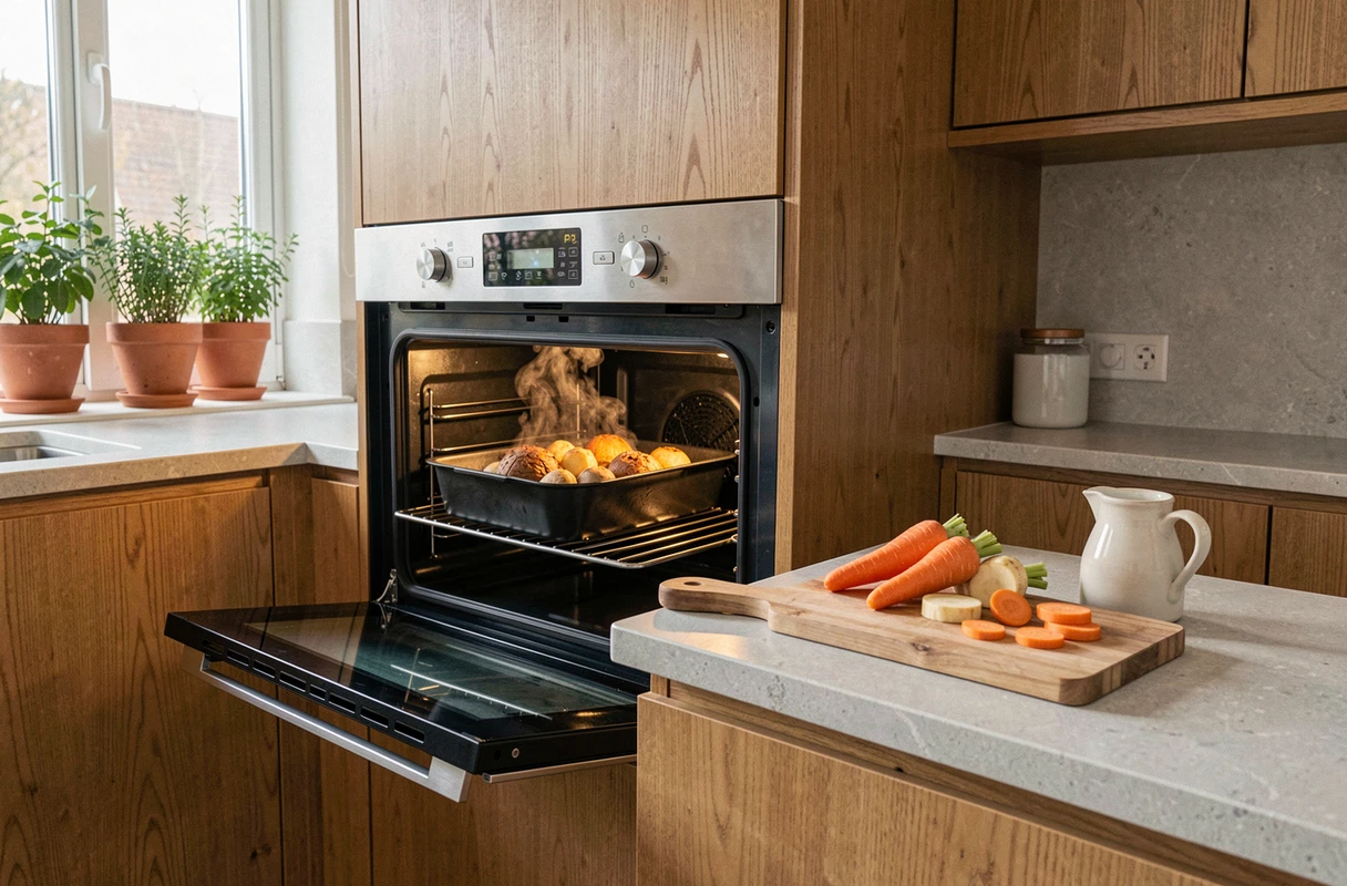 Four à vapeur encastré ouvert avec légumes en cuisson et pichet d'eau sur le plan de travail d'une cuisine en bois clair