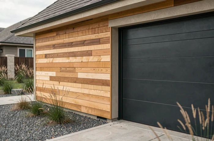 Façade de garage moderne habillée de panneaux en bois de cèdre horizontaux aux tons chauds, associés à une porte sectionnelle anthracite, intégrée dans un jardin contemporain soigné