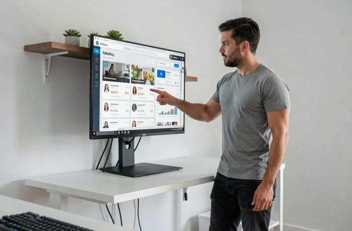 Homme gérant ses réseaux sociaux sur un grand écran dans un bureau minimaliste à domicile pour améliorer sa visibilité numérique