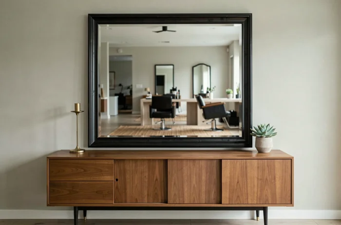Grand miroir au cadre en métal noir brut centré au-dessus d'un buffet mid-century dans un salon moderne et élégant