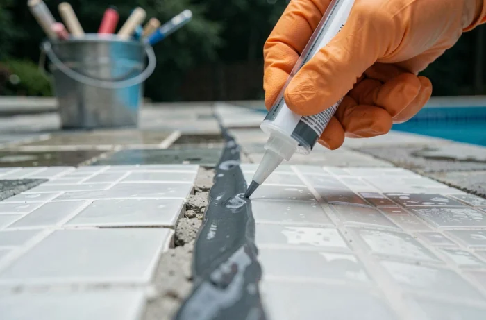 Gros plan sur l'application d'un cordon d'epoxy frais sur un joint de carrelage de piscine existant dégradé