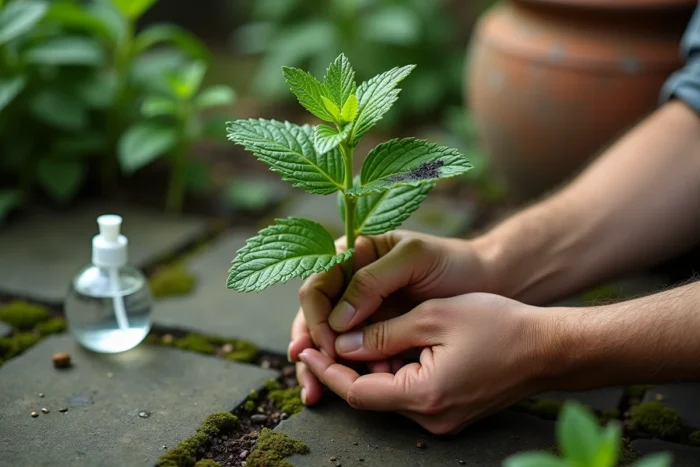 Gros plan de mains de jardinier tenant une tige de menthe aux feuilles noircissantes avec un vaporisateur posé sur une pierre