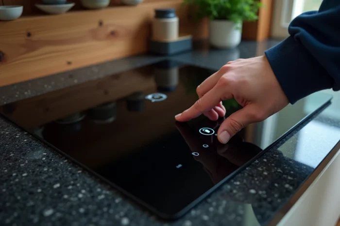 Gros plan sur le symbole de verrouillage d'une plaque induction Electrolux avec une main appuyant sur le bouton
