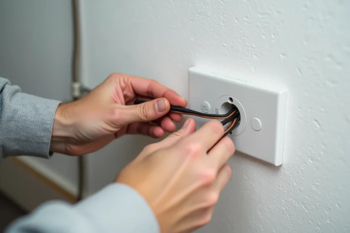 Gros plan de mains testant le branchement de la prise de terre sur une prise électrique murale de type Schuko