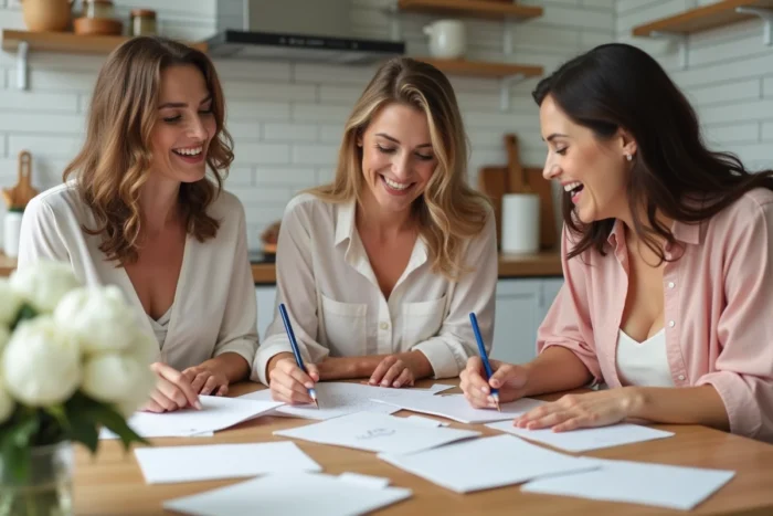 Groupe de femmes rédigeant ensemble une lettre touchante pour la mariée autour d'une table avec des pivoines blanches