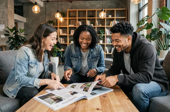 Groupe de lecteurs partageant leurs avis sur un magazine dans un espace de co-working moderne et créatif