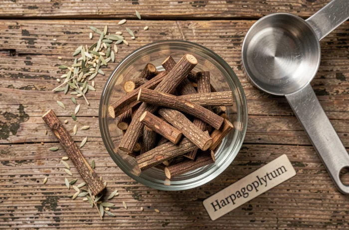 Gros plan sur des racines séchées d'harpagophytum dans un bol en verre posé sur du bois, complément naturel pour soulager l'arthrose du chien