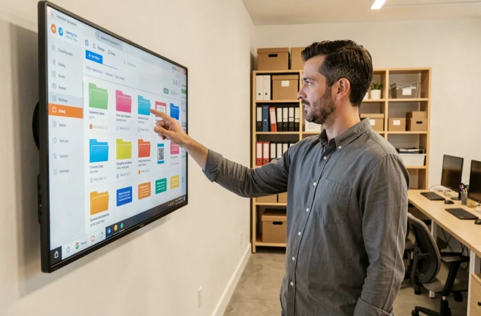 Homme naviguant dans une archive de documents numérisés sur un grand écran tactile interactif dans un bureau moderne