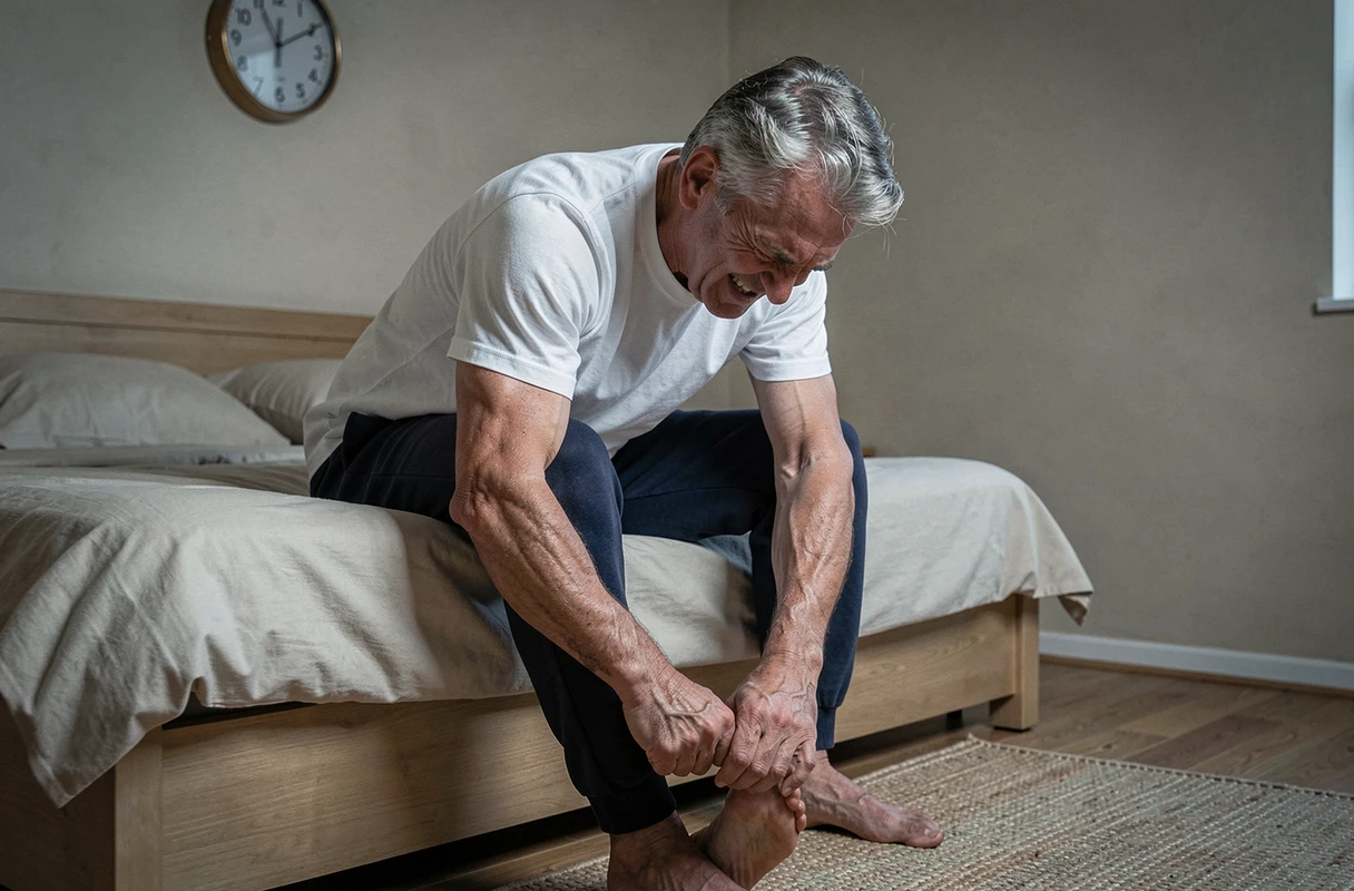 Homme âgé assis au bord du lit la nuit se tenant le pied en raison de crampes nocturnes
