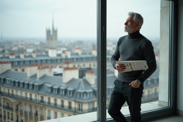 Homme en pull col roulé gris regardant par une grande fenêtre avec vue sur les toits de Paris, symbolisant la réflexion et la discrétion d'une vie privée médiatisée