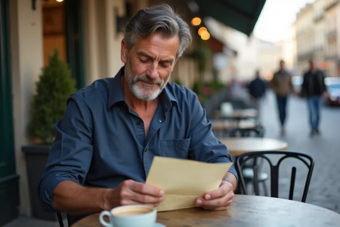 Homme lisant une lettre émouvante adressée à la mariée en terrasse de café avec une expression touchée