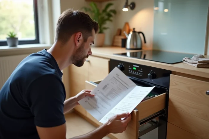 Homme consultant le manuel d'utilisation pour débloquer une plaque induction Electrolux dans sa cuisine