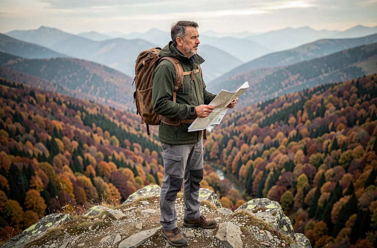 Homme en randonnée contemplant un paysage de forêt automnale depuis un sommet rocheux, loisir de plein air populaire en 2024