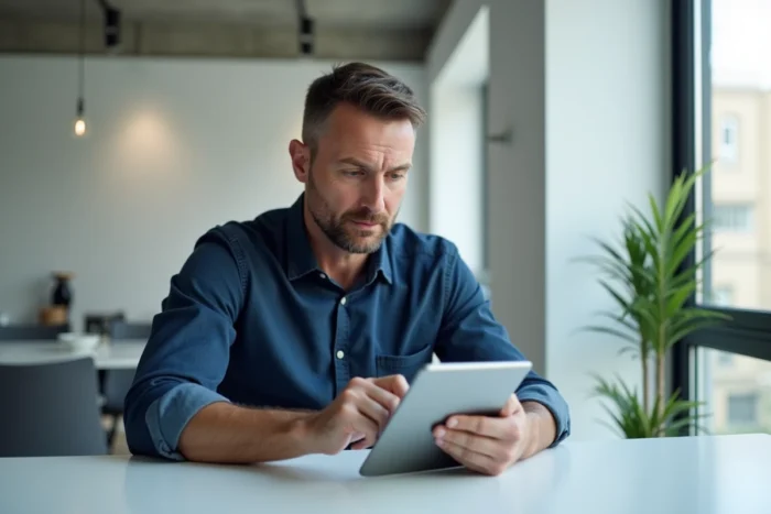 Homme consultant les instructions de résolution d'un problème de connexion FranceConnect sur une tablette