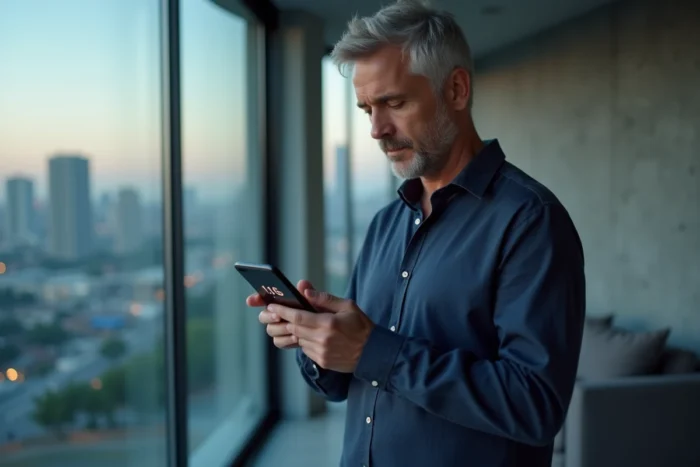 Homme tenant un smartphone affichant l'heure miroir 19h16 dans un appartement moderne avec vue sur la ville