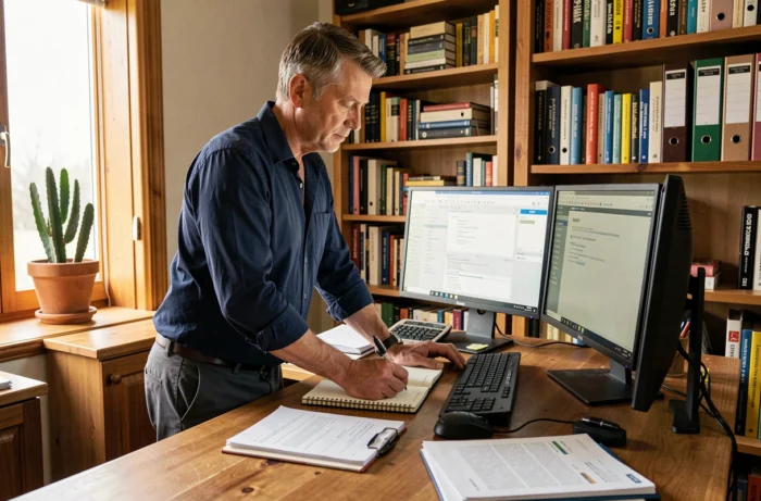 Homme en télétravail utilisant deux écrans et des outils de productivité bureautique dans un bureau à domicile bien organisé