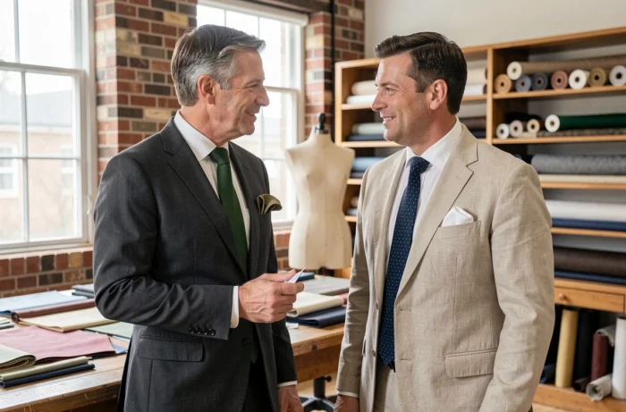 Deux hommes élégants dans un atelier de tailleur comparant leurs assortiments de cravates et pochettes, l'un en costume anthracite avec cravate verte, l'autre en lin beige avec cravate à pois marine