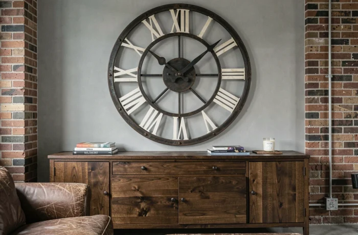Horloge murale surdimensionnée en métal noir au-dessus d'un buffet en bois sombre dans un salon au style industriel et éclectique