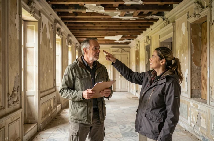 Couple inspectant l'intérieur délabré d'un château à vendre avec des murs en plâtre fissuré