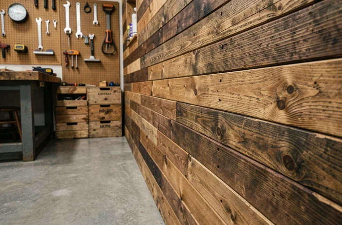 Intérieur d'un garage atelier habillé de panneaux en bois de chêne récupéré, avec un sol en béton époxy et un établi de menuisier en arrière-plan, ambiance artisanale et soignée
