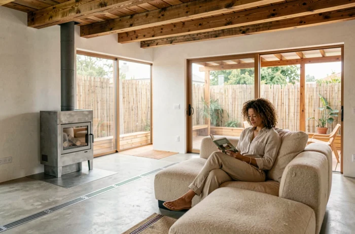 Intérieur moderne et écologique avec poutres en bois recyclé, sol en béton poli et poêle à bois design